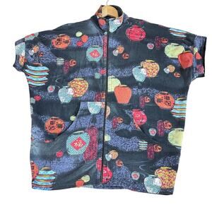 Citron Cotton Bamboo Zip Front Jacket Asian Lantern Print Lagenlook M Oversized
